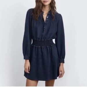 Rails Size-L Shawna Mini Dress Dark Wash Denim Smocked